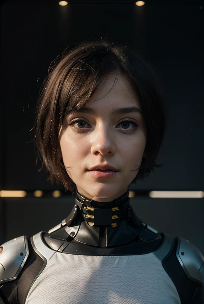 ((Disembodied head on desk stand)), beautiful girl, Ai girl, humanoid , robot girl, 20yo, makeup, eyes closed, short hair, highly detailed face, (realistic), masterpiece, best quality, extremely detailed, soft light, soft shadows, soft backlighting, (best image,best quality:1.5)