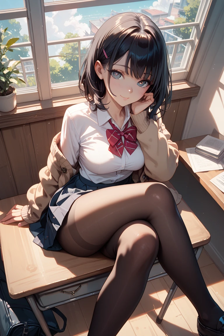finest, masterpiece, High resolution, (whole body), front, symmetry, Mature , alone, (whole body from head to toe), small breasts, ((((bob hair))))、Light purple eyes, slightly black hair, (black tights), ( (black pantyhose), black pantyhose, (composition where she is made to sit and lift her foot and make her foot open), composition Show me your black panties, slender beautiful foot, very beautiful 17 year old girl (not wearing shoes) foot), blush, shy big eyes, messy hair, looking at camera, show me your white panties, White ruffled lingerie, high school uniform blazer, high  white blouse, High  with blue ribbon, Holding high  shoes with short plaid pattern and navy pleated skirt in hand