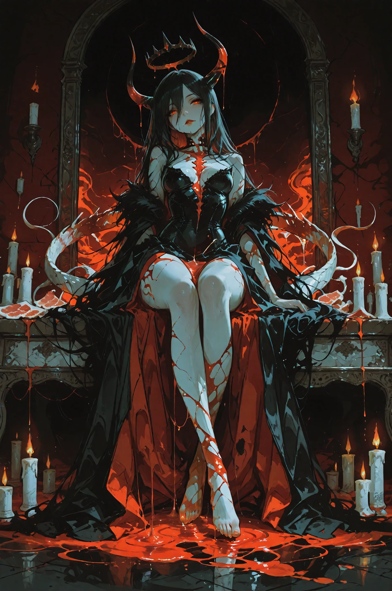 black-red theme, cute woman, detailing, art by alberto seveso,,full body,etalid dace,detailed hands,elf woman,full body,detailed eyes
