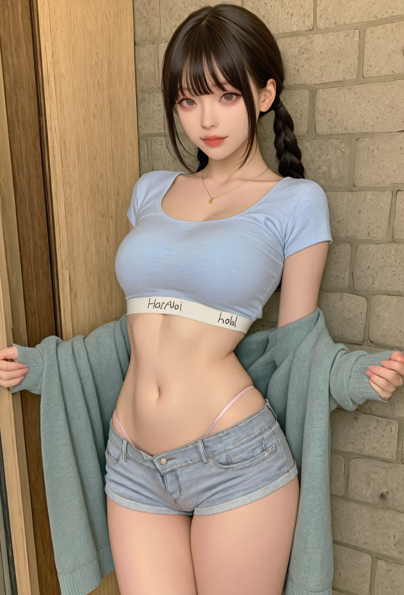 realistic, high resolution, 1 girl, , korean, blue eyes, suspenders, tank top, belly pocket, short skirt, shorts, stockings, fishnet socks, thick thighs