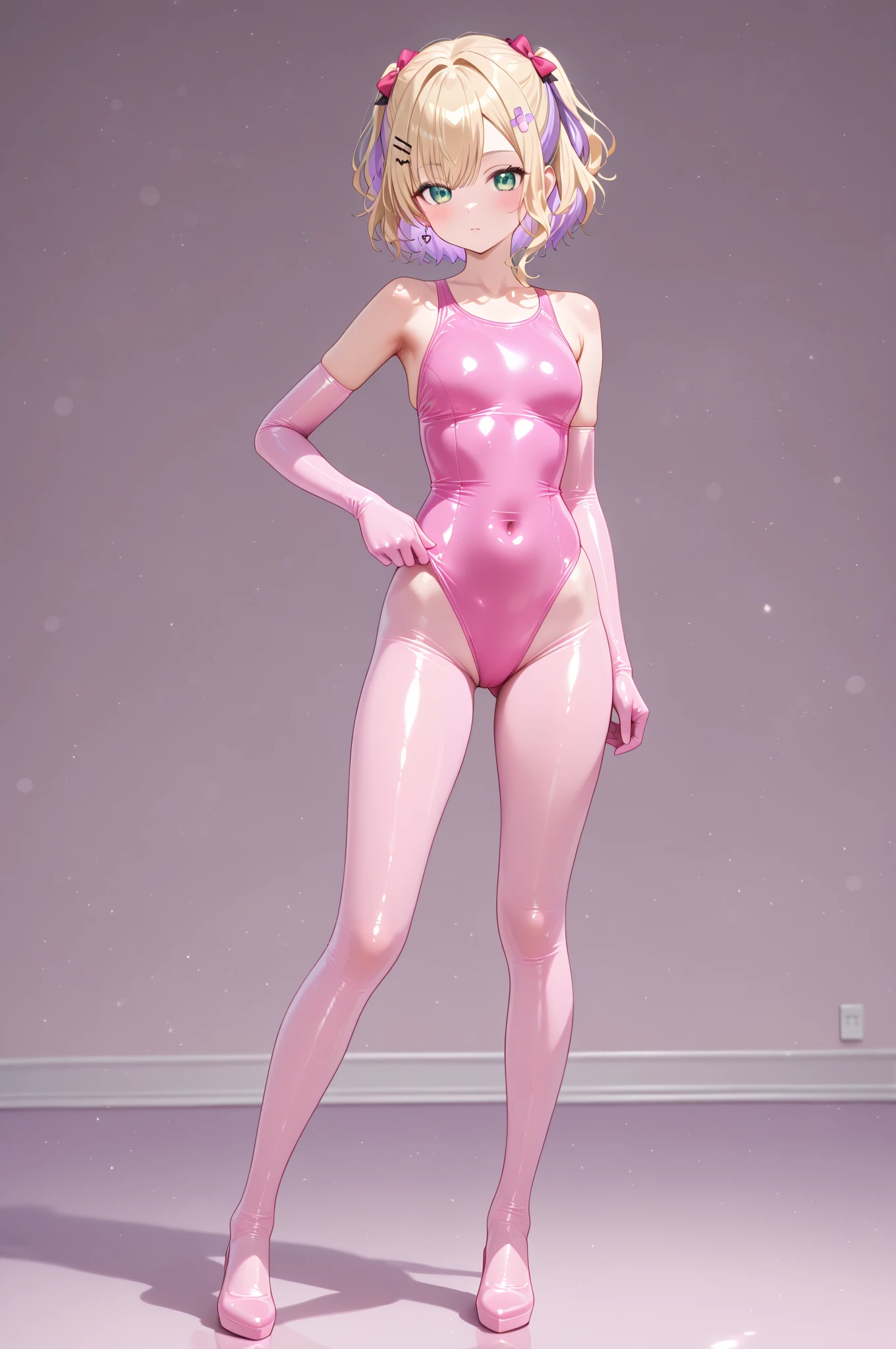 pink short hair，Pink eyes，Highest quality work，Textured skin，The face is delicate and cute，Need，a beauty girl，8K，The legs are in an inner figure，perfect bodies，is shy，low head，ssmile，Pure eyes，Japanese girly face，Glitter skin，Wearing impossible white tights，Lower body with bare legs，Keep your legs straight