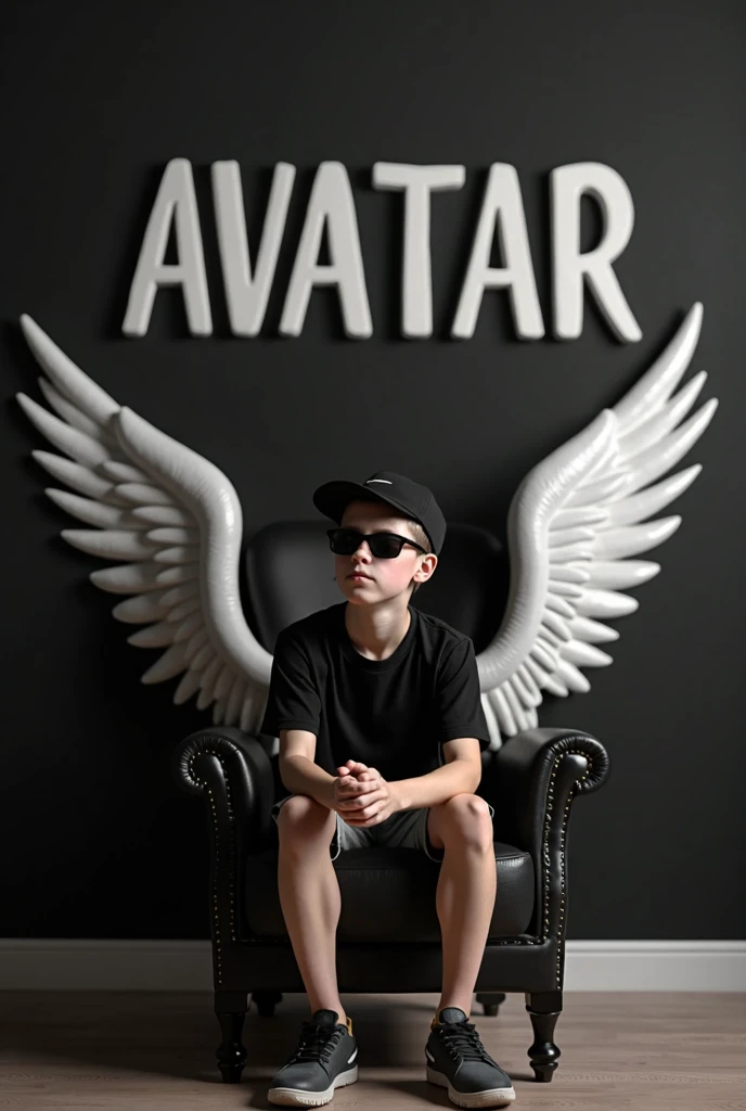 Create a 3d illusion for a Instagram profile picture where a boy in a black sits casually on a wingblack chair. Wearing sneakers, a black cricket cap, and sunglasses, he looks ahead. The background features 'Alex' in big capital red fonts on the black wall. There should not be his shadow, and there are wings to make it appear as if he is an angle