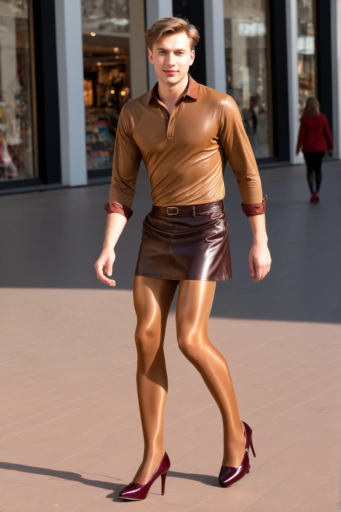 a young Caucasian male guy with a male face, wears a leather mini skirt, beiges Outdoorshirt, medium brown amber shiny 40den pantyhose, burgundy closed pumps, the male face guy runs in his pantyhose in a shopping mile in sunshine.
