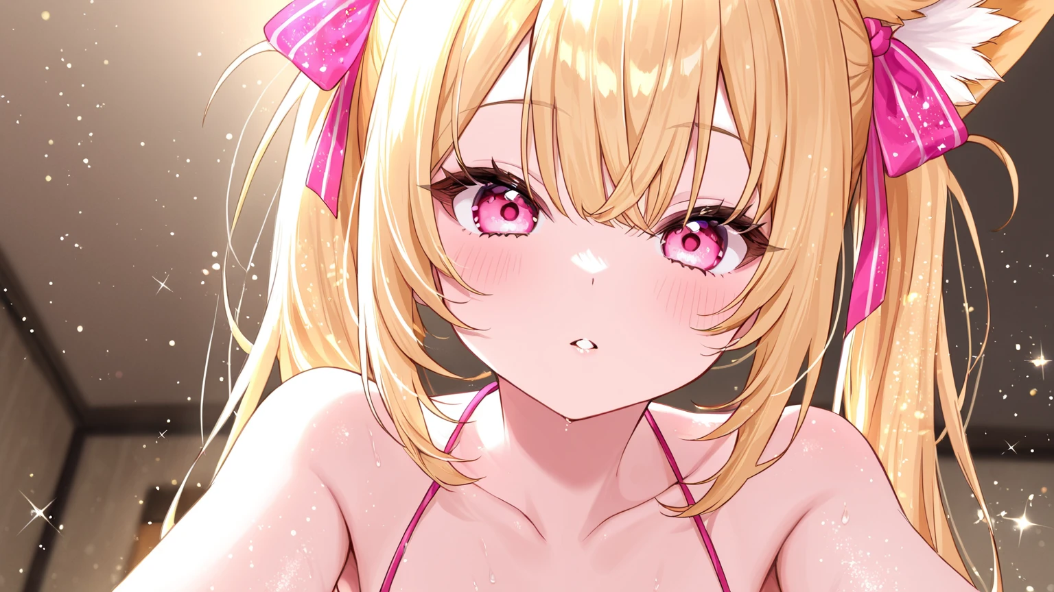 1boy and 1girl, Angle from the front, (((Close-up of face and chest:1.3))), (The gap between the camisole and the chest)、(She bends forward so you can see her breasts under her camisole.)、The girl bends forward to show off her breasts、(((evil grin))), ((10 years old girl)), Cute hair clip、Blonde、low length、((Small breasts)), Camisole、In the corner of the kitchen、((paizuri)), (1penis), eject cum, (cum to breasts)、((penis in front of breasts)), (The mouth is smiling and the tongue is sticking out.)、(((handjob)))