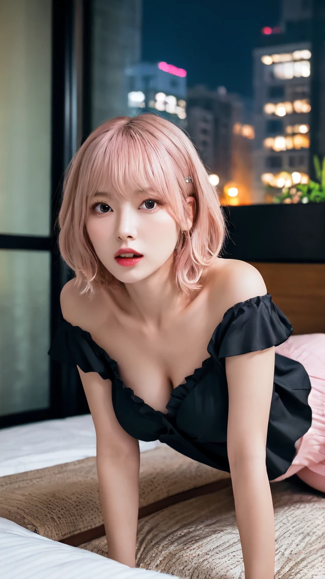 Realistic, (photo-Realistic:1.37),(8k, RAW Photos, Highestquality, masterpiece:1.2), cute, Dayu Seren, とても繊細でbeautiful女の子,Very detailed, , Genuine, incredibly Absurd, Abstraction, very elaborate body, セクシーな笑face, young,20-year-old, Heart-shaped pupils,(Pink Hair:1.4), Two-tone hair, beautiful細い髪, 絶妙でbeautifulface,澄んだeye, Soft lips, Absurd, Very CGI-like(nude :1.80),(Pink Hair :1.3),芸術的なnude、(night:1.7), East Asian architecture, 1 female,sit on tatami, Brunette color hair,(eyeの間の毛), Lip valve, (16 years old:1.3),(beautiful shiny straight short long:1.3),beautiful fingers,beautiful long legs,Beautiful Body,cute鼻,beautiful character design,完璧なeye,完璧なface,View your audience,(Innocent_big_eye:1.0),(Light_笑face:0.3),Official Art,Very detailedなCGユニティ8K壁紙、bright_front_face_Lighting,(masterpiece:1.0),(Highest_quality:1.0), 超A high resolution,4K,Very detailed, photo shoot, 8k, Hmph, High resolution, Absurd:1.2, Kodak Portrait 400, Film Grain, Lens flare brilliance, (beautiful_face:1.5),8k,RAW Photos, 、Relax in a Japanese hot spring inn、(The subject is the first hot spring trip with a girl:1.3) (Draw an open-air bath more widely:1.2) (Girls are not test subjects:1.3) The room at the inn is messy (Girl standing on balcony:1.3) (Hair after bathing:1.3),((barely、A small handkerchief towel is placed next to it.:1.3)) ,(Wet Hair:1.3),((beautifully depicts depth and width:1.3)),((The open-air bath is surrounded by a Japanese garden and large rocks.., With just two small Lights.:1.3)),((beautiful星空が見られます:1.3))(Hiding erogenous zones with a small handkerchief towel in the open-air bath:1.2)(Girls are not test subjects:1.3),((White and soft skin:1.3)),(((Just like the whole body:1.3))(Prepared the bed for sex:1.2)女の子はbarelyベッドにいる((The open-air bath is a mountain stream open-air bath surrounded by large natural stones...........:1.6))