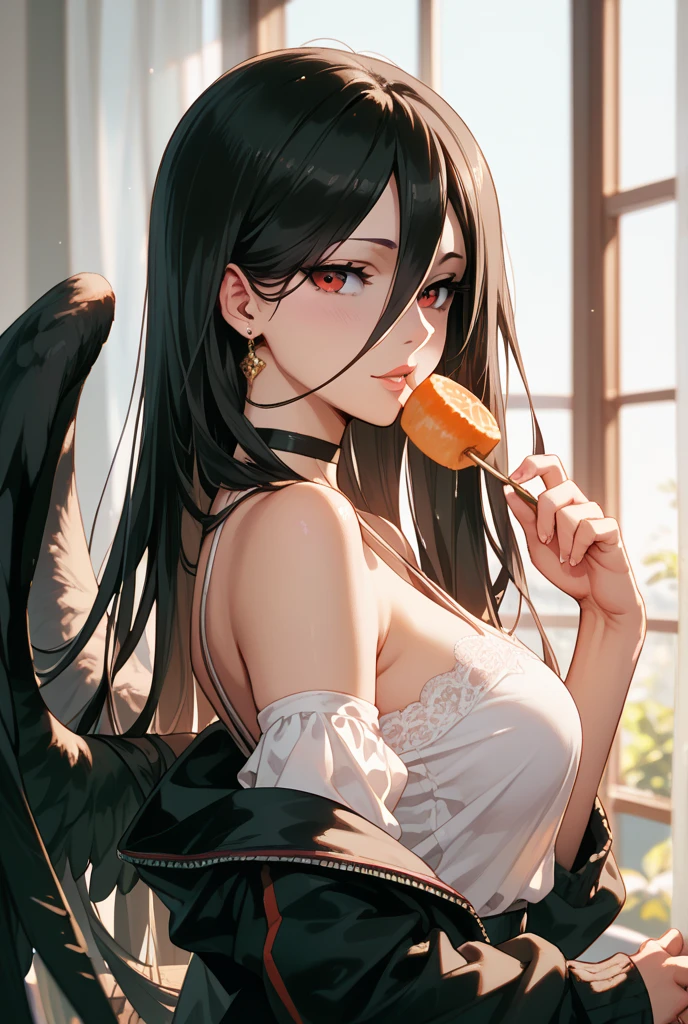masterpiece, best quality, highres, adult female, al1, demon horns, slit pupils, black wings, feathered wings, low wings, medium breasts, naked, nude, <lora:albedo_(overlord)_v10:1>,  from behinds, looking at viewer, picnic, blanket spread, food and drinks, outdoor setting, <lora:add_detail:0.5>