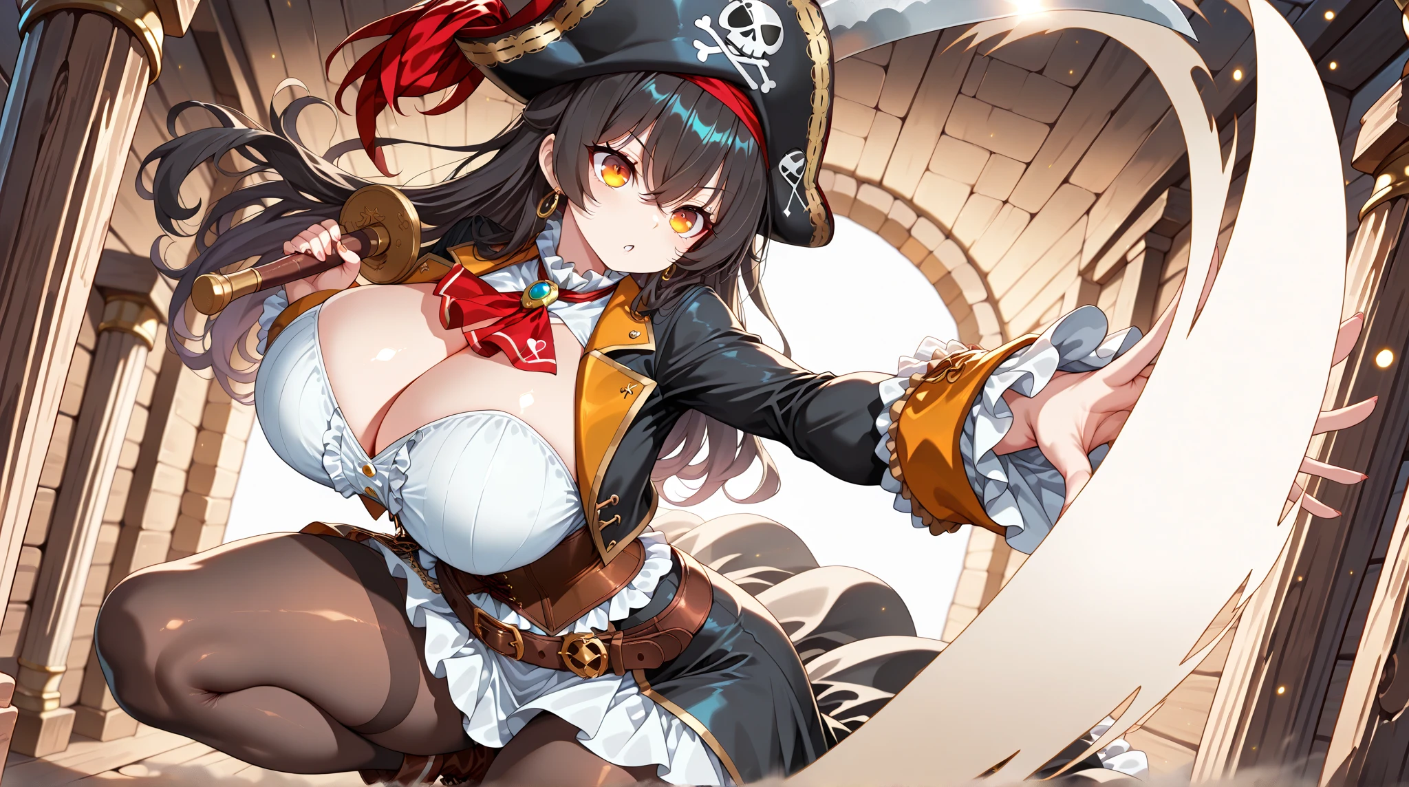 Longest penis in the world, long penis, 1girl , 1boy, from side, pov, penis between the breasts, breasts squeeze together, comedy, fantasy , a naughty pirate girl, torn clothes, areola slip, smug, pirate girl, captain miyu , ship, fantasy, sweat, pubic hair