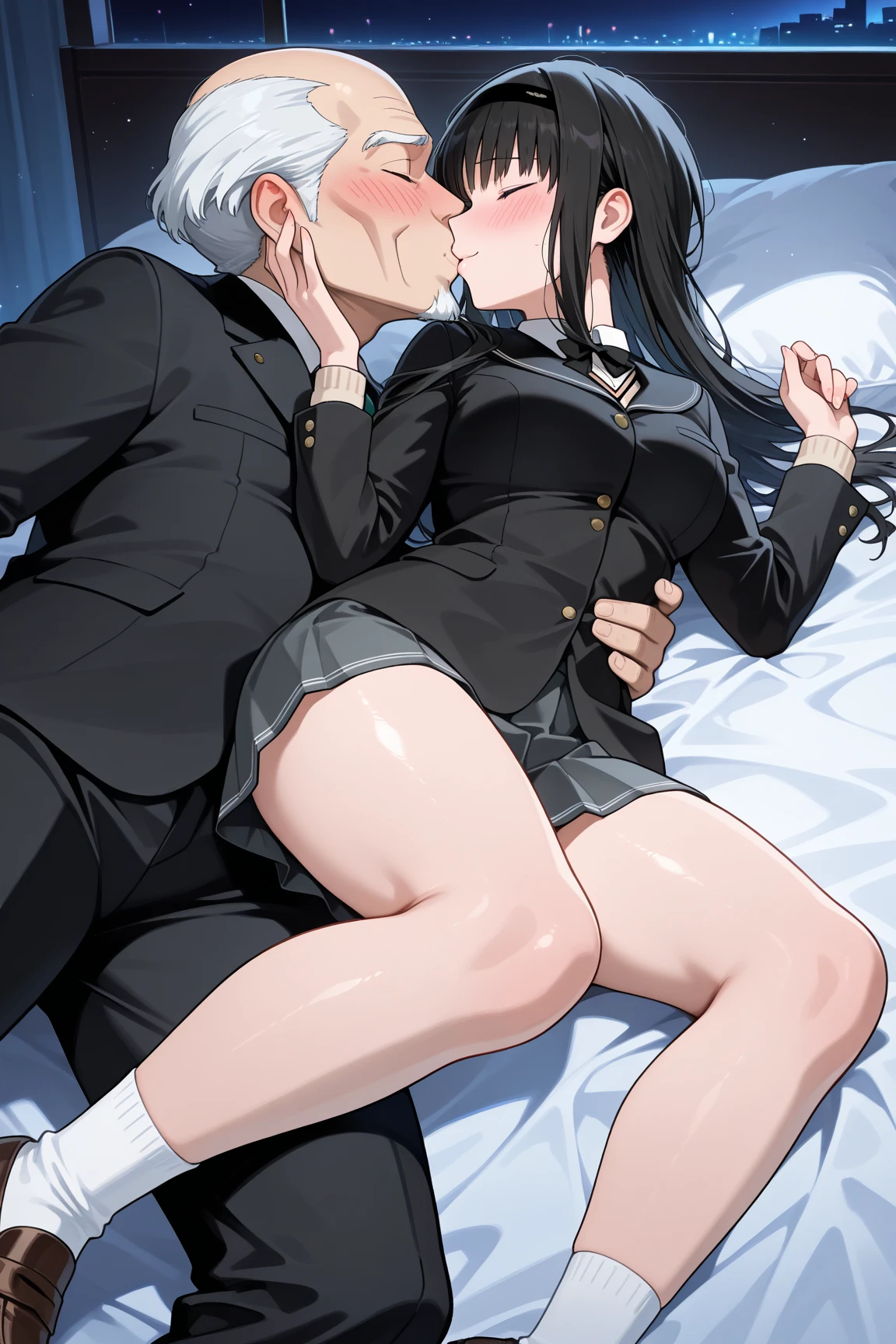 Top quality, masterpiece, beautiful face, fine eyes, fine skin, fine face,
Gao's hand pose,
ArayaEndo, long hair, hairpods, black neck ribbon, yurigaoka girls academy , cropped jacket, juliet sleeves, black skirt, high-waist skirt, black thighhighs, (rnaughty smile), huge breasts, curvaceous, tight waist, white shirt, mature woman ,
(Spread legs: 0.5), (Squatting: 0.5), (Sex between a man and a woman: 1.4), (penis in vagina: 1.2), panties aside, costume aside, (love juices: 1.3), hairy middle-aged man,
(happy: 1.2), joy,