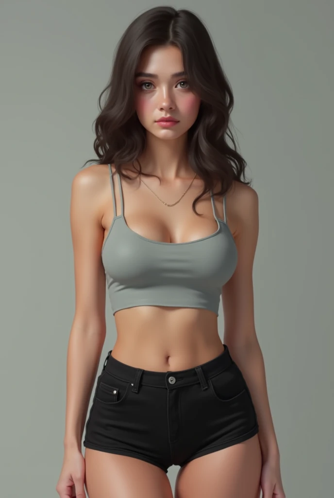 solo, smile, blue long hair, breasts, realistic face, (large face:1.3), (downturned eyes:1.1), cat makeup, big wide cheeks, wide set eyes, blue eyes, prominent sharp jaw, big jaw, brown hair, black hair, cleavage, jewelry, medium breasts, shorts, necklace, bracelet, crop top, wavy hair, ring, realistic, simple cyan background, color lemon gradient