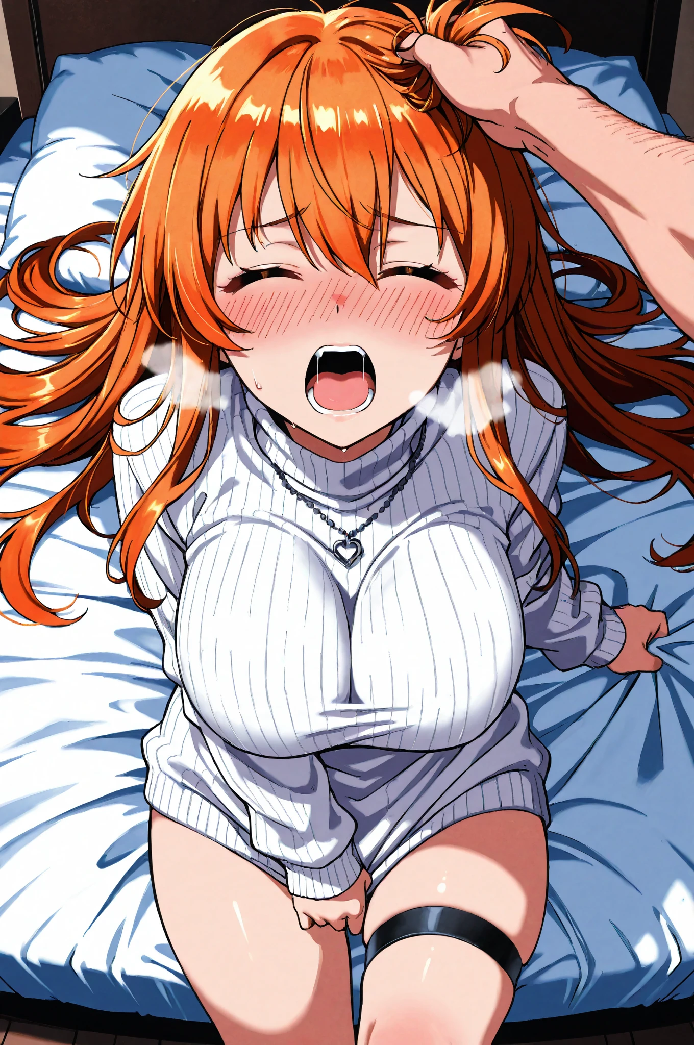 trembling,moaning,from above,on the bed、onepiece,US,Large Breasts、Long chest、blush、Sweat、In the heat、Anonymous, Long Hair, Orange Hair, Earrings, Brown eyes,,(t shirt maxi(tight)dress)、Troubled face、 {Highest quality}, {so beautiful}, {Very detailed}, {Best illustrations},nsfw,sex with one man,a woman has her breasts grabbed by a man,NUDE,posing,naughty expression、{best quality}, {very aesthetic}, {ultra-detailed}, {best illustration}, nsfw, girl, black hair, sex, woman on top、Ahegao,Climax Face,Mr.々Position
