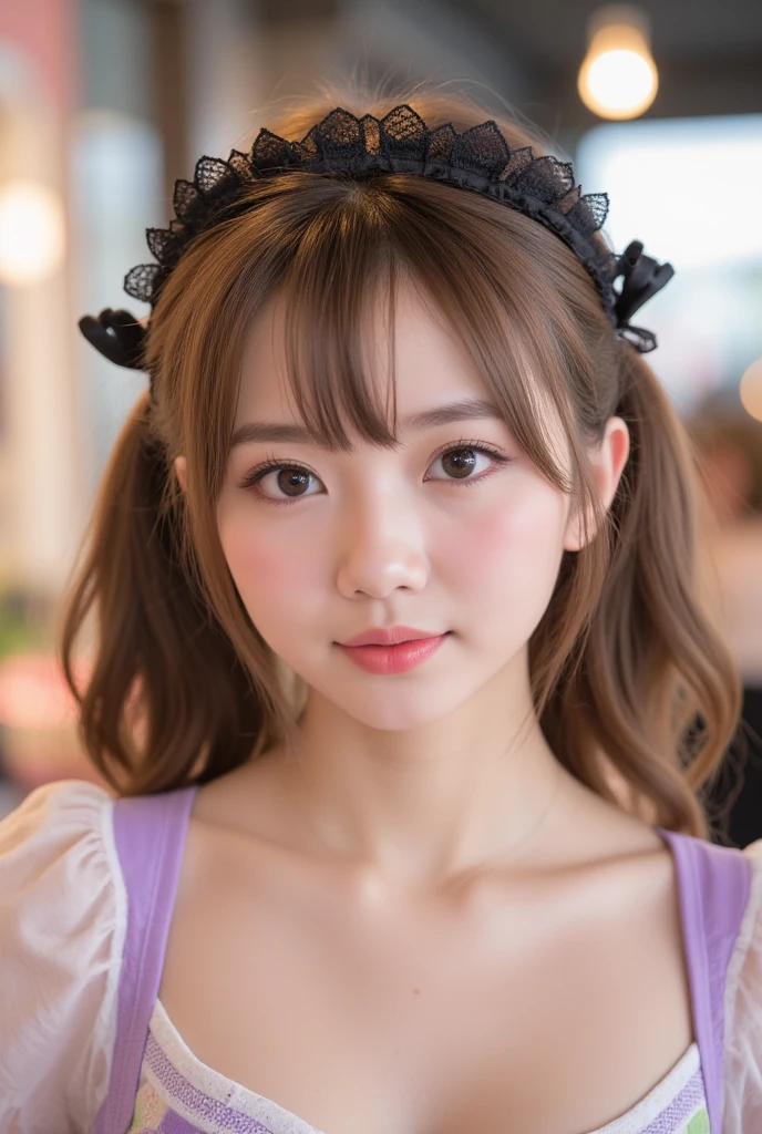 solo, (korean:1.2),1 girl, (ulzzang-6500:1.0),
(sharp focus:1.4), (photorealistic:1.4),
barefoot, face focus, on the bed,
cowgirl position , (intricate maid clothes:1.4), black choker, spread legs, white maid apron, layered clothes, puffy sleeves,
long hair, blonde curvy wave twintails, curly hair, pink hair tie,
indoors, cozy bed,
(smile:1.1), (realistic humid skin:1.2), (beautiful face:1.1), detailed eyes, detailed face,(small breasts:1.2), (curvy body:1.1), black eyes,
depth of field, best quality, ultra high res, (photorealistic:1.4), ((puffy eyes)), full body, (pink lipstick,:1.1), night time