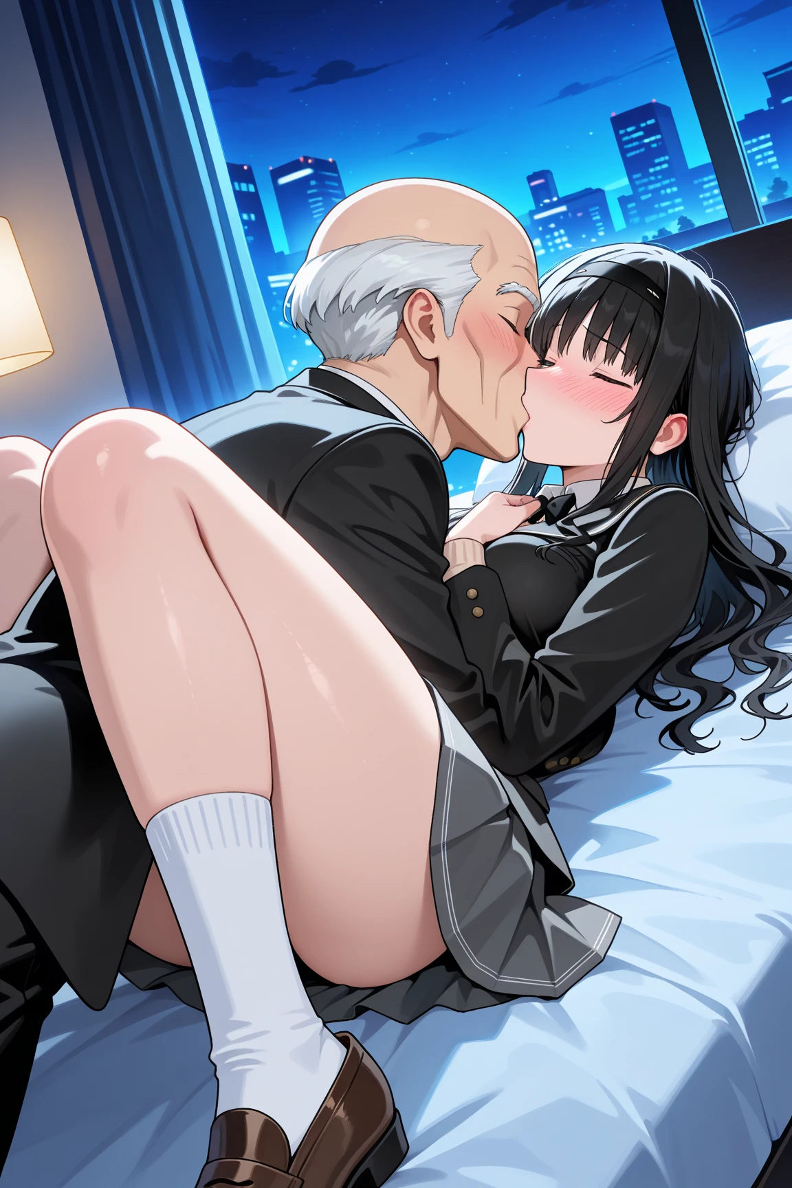 masterpiece, best quality, 1 girl,university student, solo, large breasts, ponytail , silver hair, blue eyes,black oval glasses, ,bedroom, nsfw:1.6, black collared shirt, blazer, pleated skirt, , bow,show off nipple,((doggystyle:1.2)), ((1 boy and 1girl are having sex on bed:1.4)), pov, steam,nose blush,(ahegao:1.2),sweat,spoken heart:1.5, ((side veaw:1.2)), sexually excited,cum in pussy:1.6