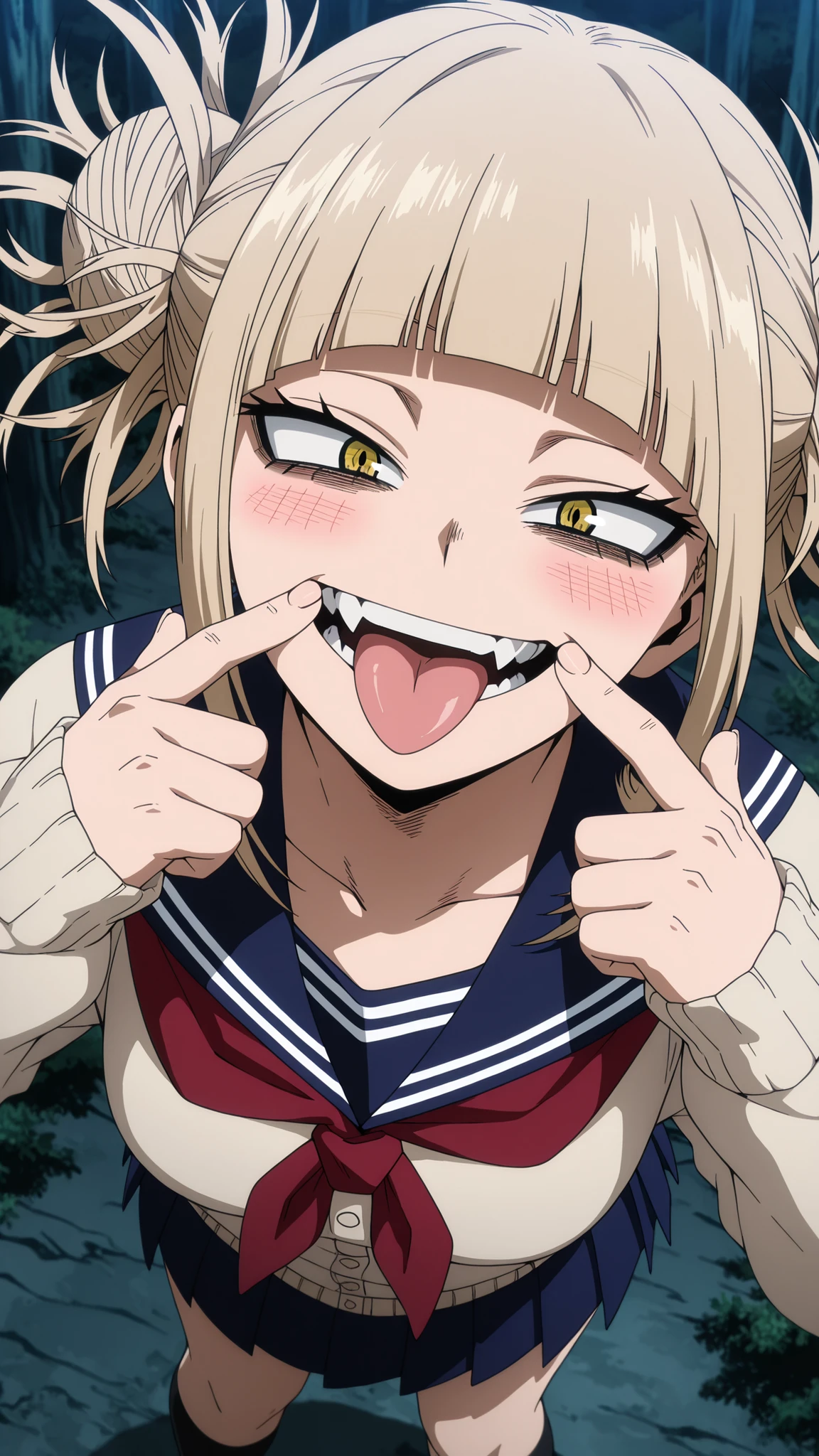, toga himiko, my hero academia
High quality , best quality , masterpiece, High Resolution , detailed face( LoRA: toga),anatomically correct, detailed hairstyle( LoRA: toga),anime Coloring
solo, 1 girl
bangs, blonde hair, yellow eyes, blunt bangs, hair bun, double bun, messy hair, medium breasts
skirt, long sleeves, school uniform, pleated skirt, serafuku, socks, sailor collar, blue skirt, neckerchief, cardigan,yellow cardigan,,
looking at viewer ,close up,upper body,from above
Forest, Night
smile,open mouth,crazy eyes, blush, smirk, happy, love-struck expression, fingersmile,tongue,tongue out