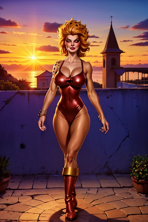 Photo of cammyst in the desert, with her long blonde hair, blue eyes, and a green leotard, standing confidently while wearing a red beret and sporting a stylish braid, looking directly at the viewer.