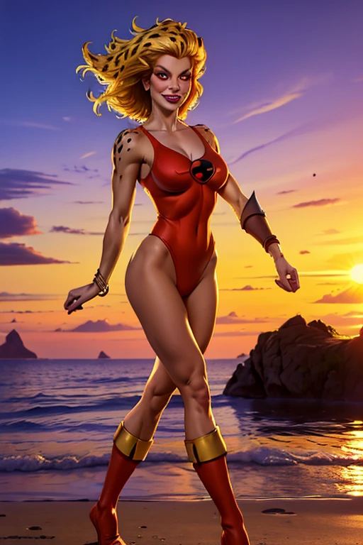 NSFW (red bikini) (Supergirl ((human)) medium breasts, cameltoe) fully body, walking on a deserted beach
