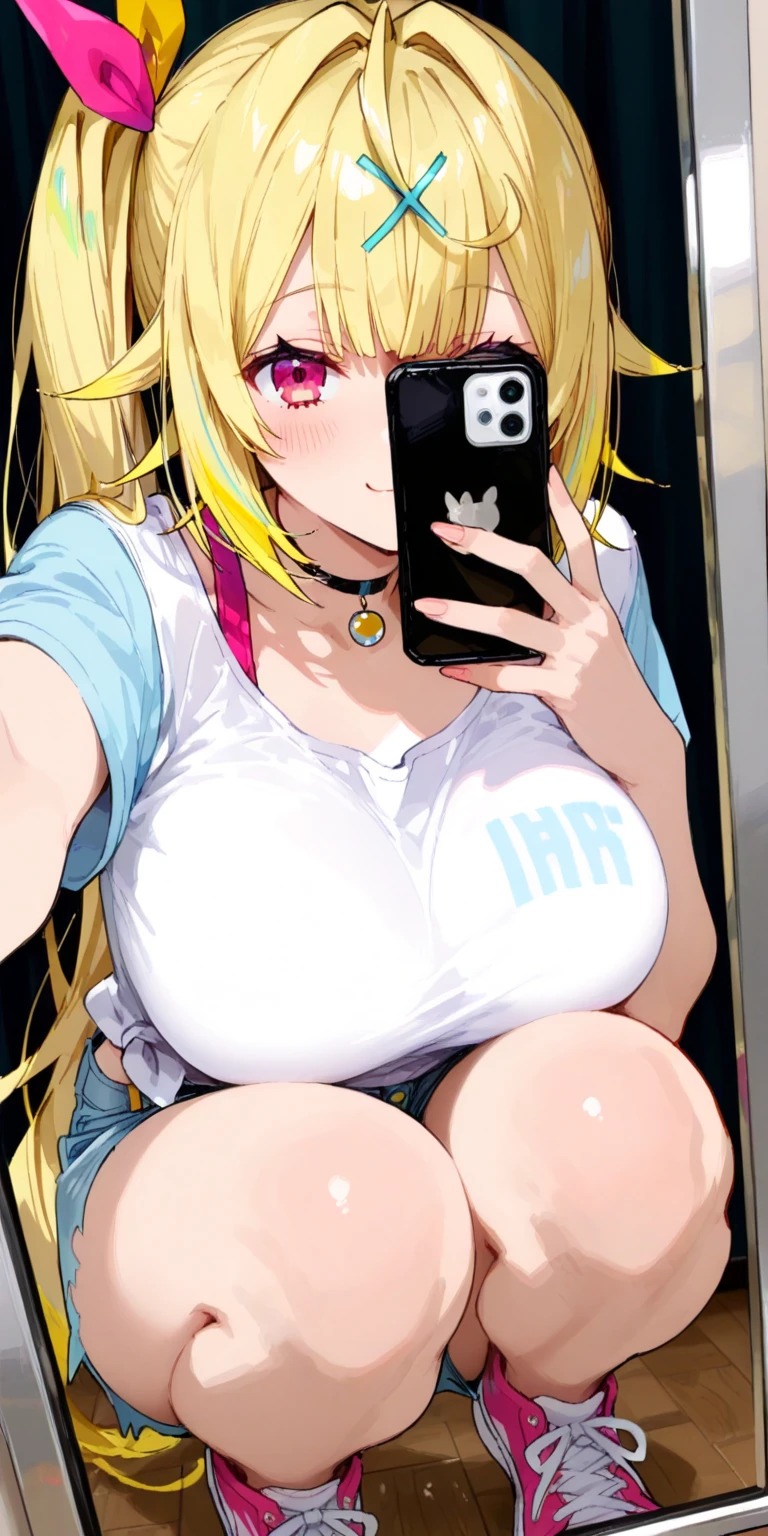 tan girl , blonde long curly hair , brown hair , in a airport bath room , a pink crop top, HUGE titties , grey sweatpants, grey sweat jacket with hood , black glasses , grabbing her titties , taking mirror selfie showing her phone