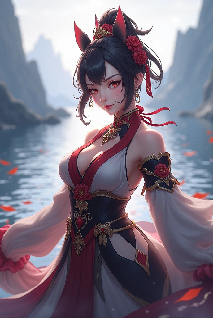 ((masterpiece)),(bestquality),((ultra-detailed)), (beautiful detailed face), depth of field,detailed,((beautiful detailed eyes)), big breast, beidoudef, eye patch, body 3:4, in a pirate boat.