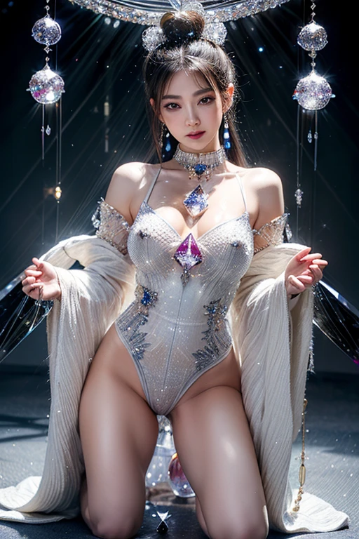 (1 beautiful Italian girl),(Wearing a rainbow-colored bodysuit with a beautiful fractal or marble pattern:1.5),(She wears gloves,Beautifully designed gloves,Inlaid with jewels:1.6), ((She showed her armpits:1.6)), (posture:1.6), (模特posture:1.6), The scene is spectacular, ((high quality)), ((fantasy)), Blue plasma brain, Green plasma, obscene, Average, (contemptible:1.2), (immoral:1.2), (Small breasts,With beautiful pink areola:1.5), (Ecstasy expression:1.2), Surreal photos, Official Art, Unity 8K wallpaper, 8K portrait, high quality, Very high resolution, (Incredibly beautiful natural background:1.6), (18 years old:1.5), (Sexy and charming:1.1), (Coquettish expression:1.6), (Smiling seductively:1.6), Beautiful and attractive face, portrait, (Thick eyebrows:1.4), (Big rainbow eyes:1.6), Beautiful eyes,Good bilateral symmetry, (Very detailed eyes:1.4),(Very detailed face and eyes:1.7), (High Resolution Red Eye:1.8), (Ultra-fine skin texture:1.4), Super delicate pale skin, Perfect anatomical structure, Thin, (Beautiful fit muscular body:1.6), Very detailed black hair, (Hydrated skin:1.2), No makeup, (Bear:1.1), Excellent anatomy, Focal plane, nice, (Emilia Clarke:0.1) (Emma Watson:0.3),(Jennifer Connelly:0.24), (An elaborate necklace hung around her neck), (Dazzling bioluminescence:1.4), (Shining Magic Circle:1.5), Ruins of an old castle, Shine majestic clouds and sky, lightning, Spectacular and realistic, (Greg Ratkosky:0.8), (Cyan and Orange:0.4), (Art Station:1.5), Movie, (National Foundation:1.6), Dramatic lighting, (Intricate details:1.1),Milky Way, (nebula:1.6), dark Knight, Focus on fully armored body