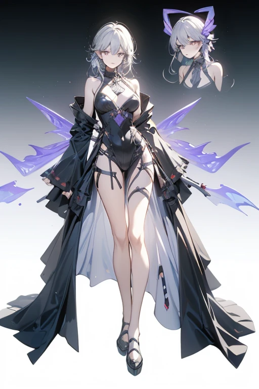 Light purple gradient hair,asymmetrical hair,((Thick hair 1.8,chiseled head 1.6)), Shoulder-length hair, messy hair, Very long hair, shiny hair,(long gray hair:1.2),A beautiful girl,(Luxury platinum mini short platinum lolita,Made of transparent material),(Transparent clothes transparent 1.8),Perfect body,Big thin legs,Slim,(看起来很sad,Haggard face ,sad,shut your mouth:1.2) Against the background of an unusually bright dark starry sky,(Put your hands behind your back),(round,Room, Firm breasts),barefoot,float,water surface,(Long legs,Long legs,Long legs,Gestalt),full-body shot。