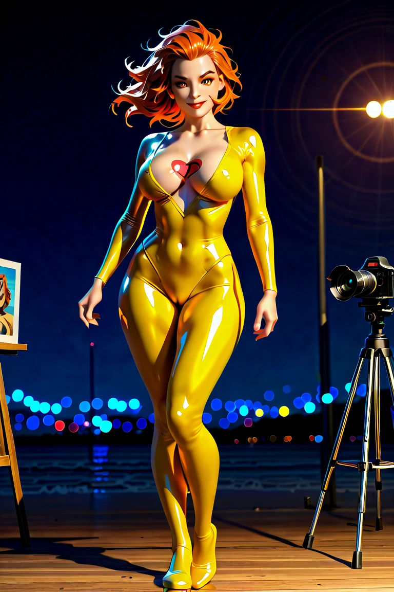 A young (Poison Ivy ) green skin , wearing a tight, fitted metal collar wearing (tight, fitted, snug) high cut booty shorts and cropped shirts stands between two (powerful, sleek) Muscle Cars to start a race, engine roaring, in the backdrop of a vibrant Sunset. (Best quality, 4k, highres, masterpiece:1.2), ultra-detailed, (realistic, photorealistic, photo-realistic:1.37) prompt, with (HDR, UHD) quality and (studio lighting, sharp focus), high ponytail, copper-blonde hair, large breasts, bright light, perfect eyes, skin blemish, detailed skin, full person, blacklight makeup,ambr1