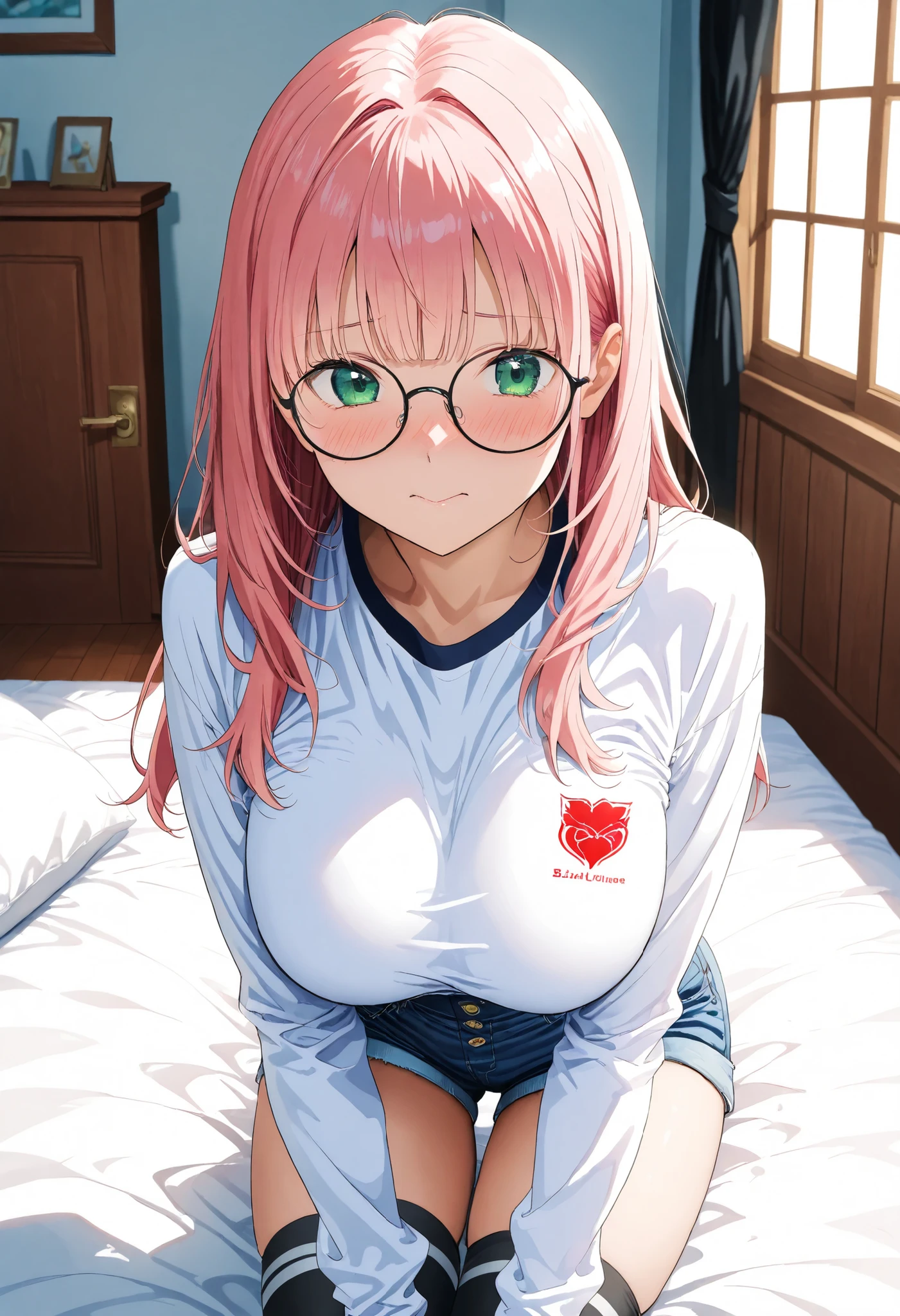 Anime-style girl lying on a bed, long straight shiny pink hair with bangs, large green-turquoise eyes, blushing cheeks, wearing a long-sleeve shirt with blue and white horizontal stripes on the sleeves and a red logo "SCCEE UP" on the , very short blue denim shorts with gold buttons, black round glasses, black and white striped thigh-high socks, soft natural daylight from a window, white bedsheets, warm and cozy bedroom with wooden door, anime illustration, detailed shading, high resolution, focus on upper body and face, perspective slightly from above