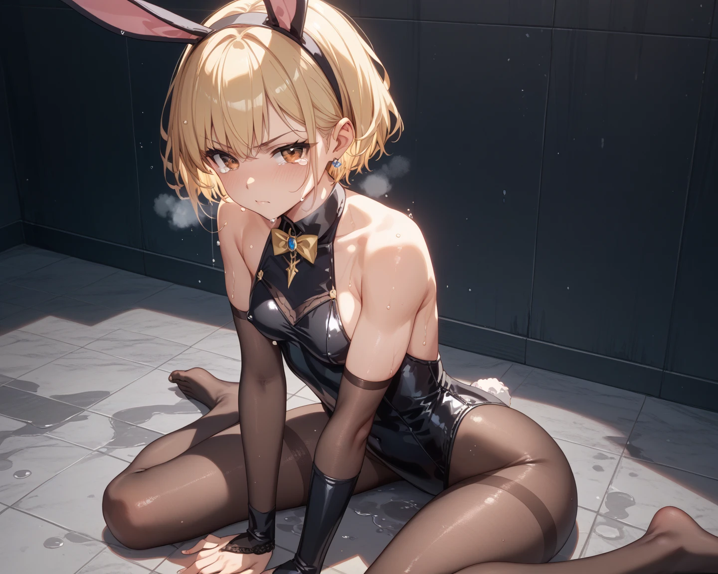 Short haircut、Blonde、tits、Bunny girl、stockings、Open your legs while crouching、Perfect body、Love juice overflows