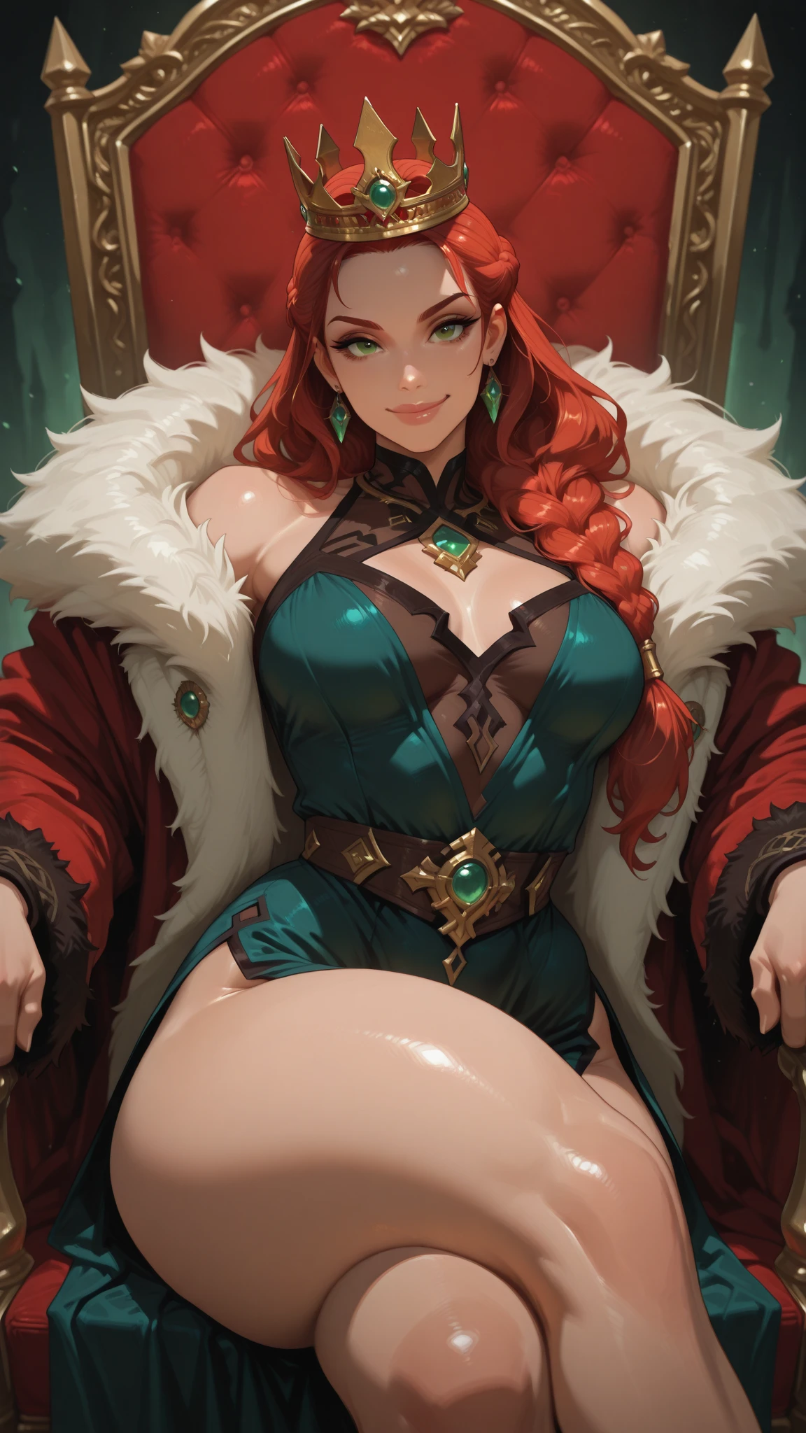 Beautiful evil sorceress milf 50 years old firm body perfect breasts face would be defined jaw black robe tiara gold bracelet drawn dark fantasy style wavy orange hair 
