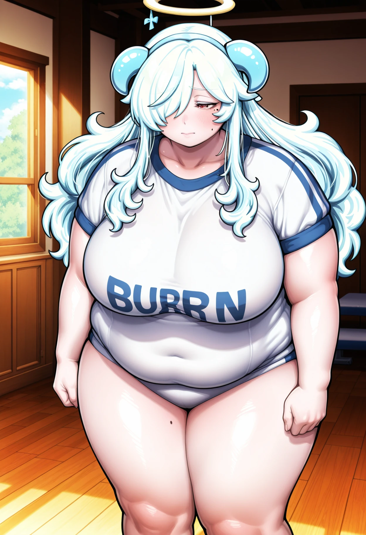Illustration of a ((Handsome))Anime fat man with a big belly , fat man, extremely face face , morbidly obese, insanely inflated hips,fat thighs, fat butt , big stomach, his belly is fat , background ( bedroom ), expression ( seduce, eyelids lowered, smile)(anime boy )), (((Tan skin))), ((long,white  hair with pink streaks )),(( hair Styled into a Bun and braided ponytail )) , ((white half jacket)) ((Skimpy white shorts)) , ,(evil aura)),((solo)) anime artstyle, anime art style, unknown artstyle, aura, accurate, 2 d anime style, , high quality anime artstyle, yandere((masterpiece, High aesthetic, high quality))