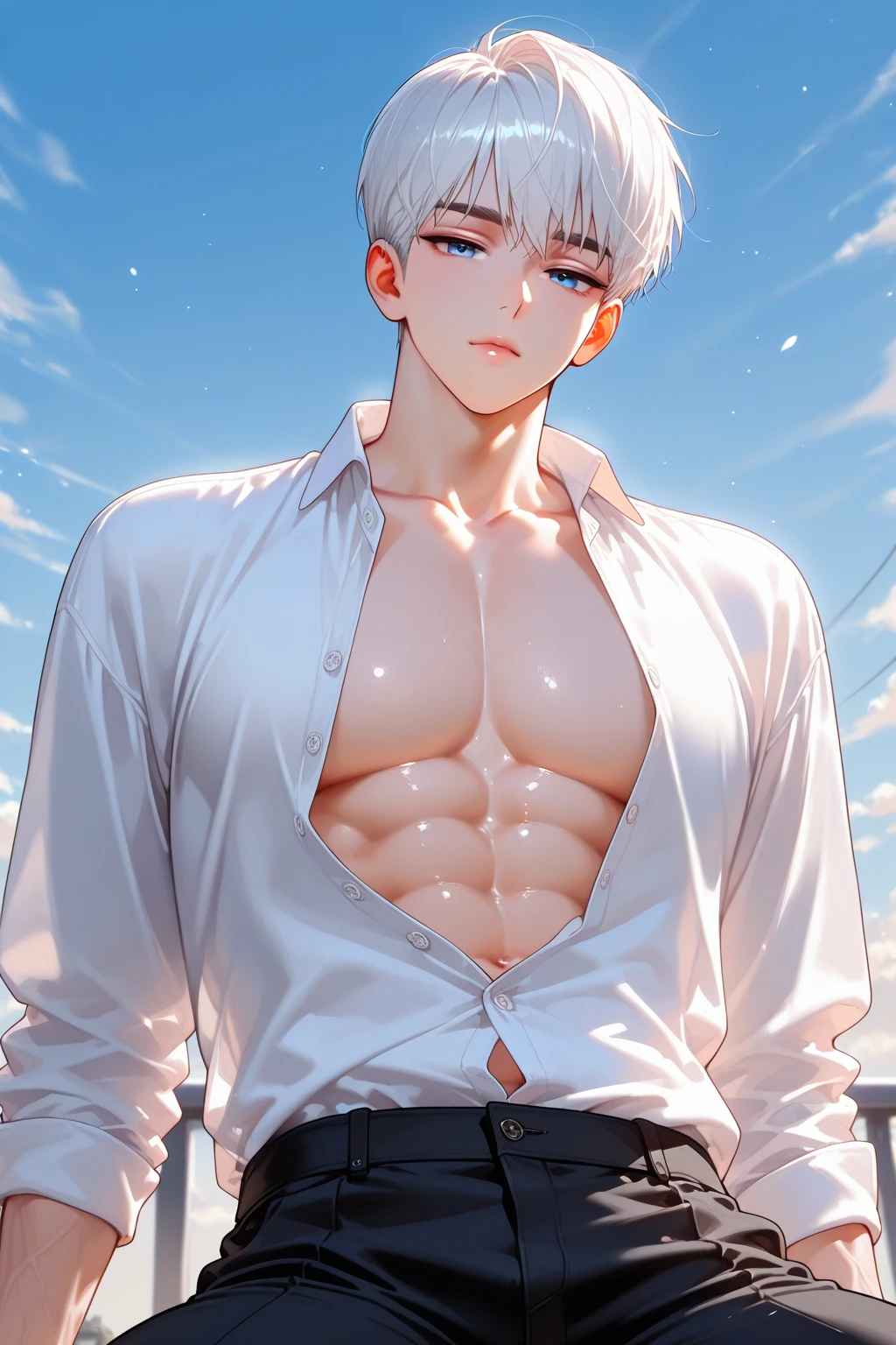 1 male, high resolution 8k, young, handsome, perfect face detail, detailed eyes and face, clean shaved, sixpack realistic, white eyebrow hair, white eyelashes, dynamic lighting, unreal engine, hd picture, satoru gojo, Jujutsu kaisen, white hair, short hair ,hair between eyes ,blue eyes, white skin, Use an iPhone