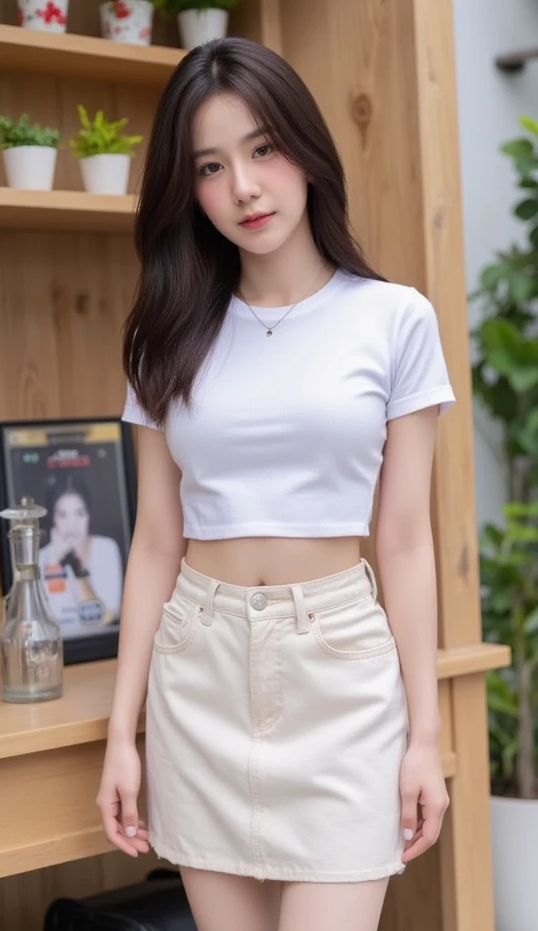 ((midnight, acura, 8k, masterpiece: 1.3)), whole body, long legs, focal distance: 1.2, perfect body beauty: 1.4, slim abs: 1.1, ((dark brown hair, big breasts: 1.3)), (tight t-shirt, jeans skirt, sitting: 1.2), ((living room: 1.3)), Highly detailed face and skin texture, fine eyes, double eyelid, sexy look, grin, thin thighs