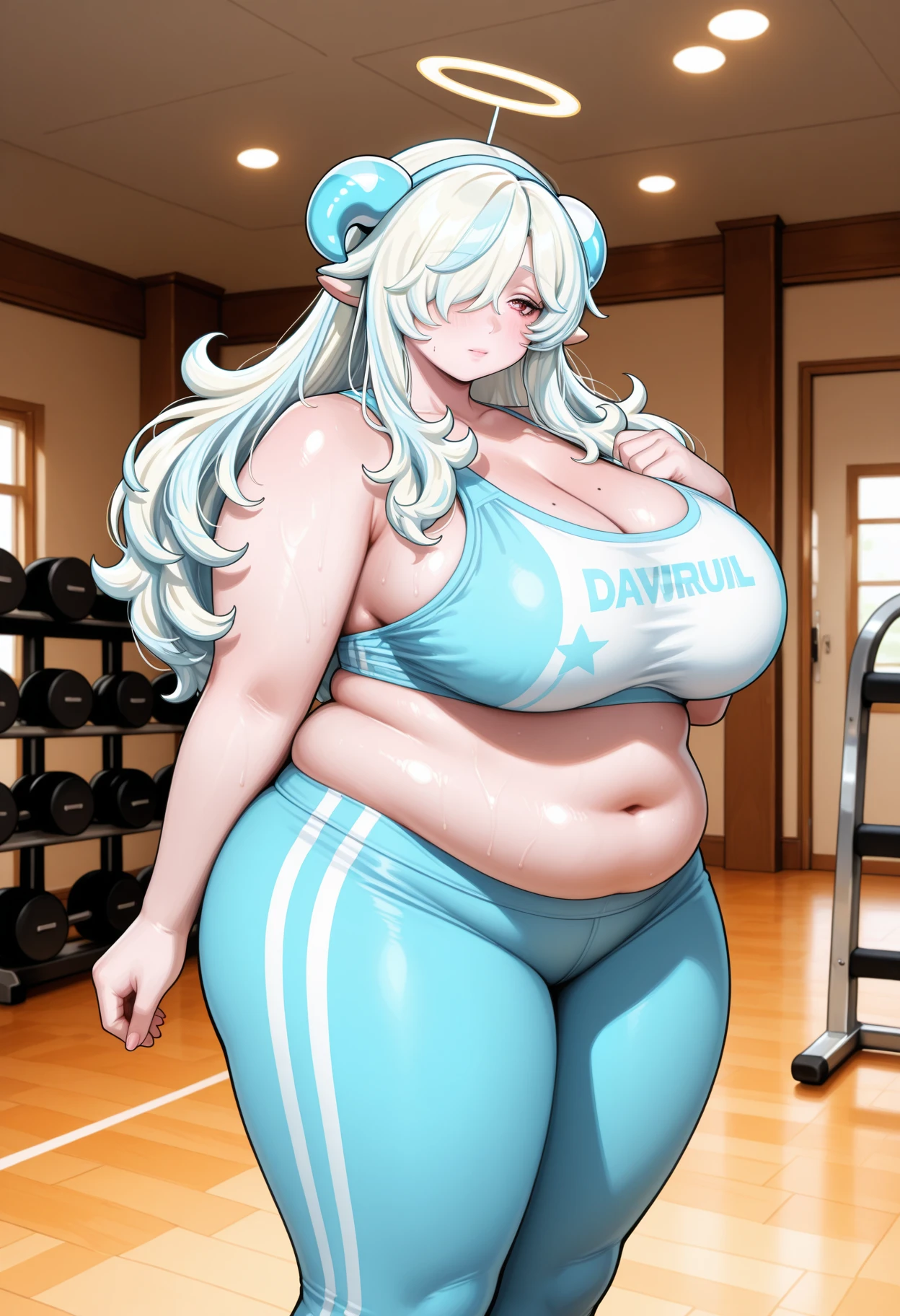 score_9, score_8_up, score_7_up, score_6_up, source_furry, solo, white fur, toriel, best quality masterpiece, overweight, bike shorts, sports bra, (huge hips:1.4), blush, gym background,