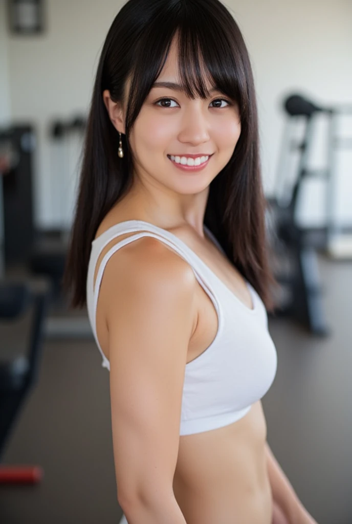 1girl, beautiful woman pink tank top jacket、Pink Panties, skinny, perfect body, defined abs, gold hair, standing in a white wall photography studio,  ultra-detailed face, beautiful eyes, beautiful lips, double eyelids, shy smile, trimmed bangs, sun-kissed skin, hint of pubic hair, (best quality, 8k, masterpiece:1.3), frontal and full-body shot, pussy line, front facing, open legs