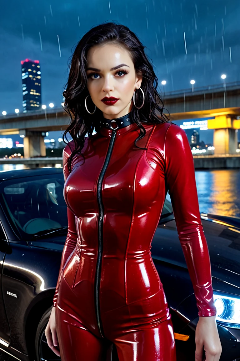 In this dynamic photograph, an Indian Instagram model captivates with her bold, fierce look. She dons a sleek, form-fitting F1 racer dress in fiery reds, blacks, and whites, complete with sponsor logos and fingerless racing gloves. Her dazzling, voluminous hair adds glamour, contrasting with the structured outfit. Her makeup is dramatic, enhancing her intense gaze and smirking expression. Posing confidently with a hand on her hip, she exudes power. Cinematic lighting highlights her glossy dress and flowing hair, set against a blurred, urban racing background, creating a striking fusion of fashion and motorsport.