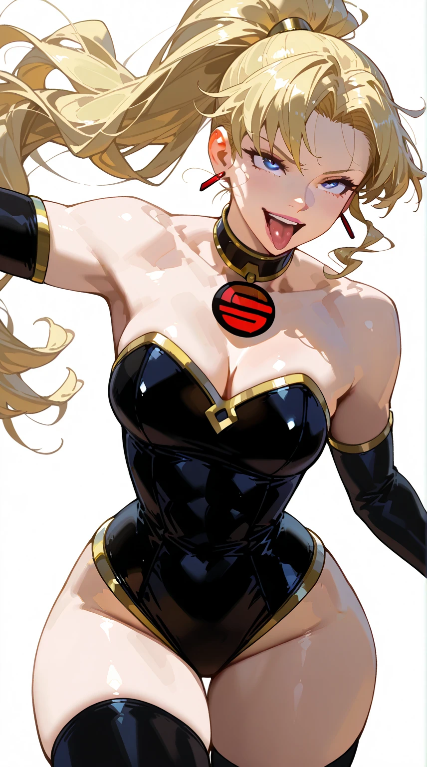 masterpiece, best quality, ultra-detailed, extremely detailed,illustration, 1girl, solo, MsMarvel, Black Leotard, Red Belt, eye mask, bare shoulders, elbow gloves, black gloves, blonde hair, large breasts, thick thighs, smile, blue sky, cloud, <lora:MsMarvelSD15:0.7>