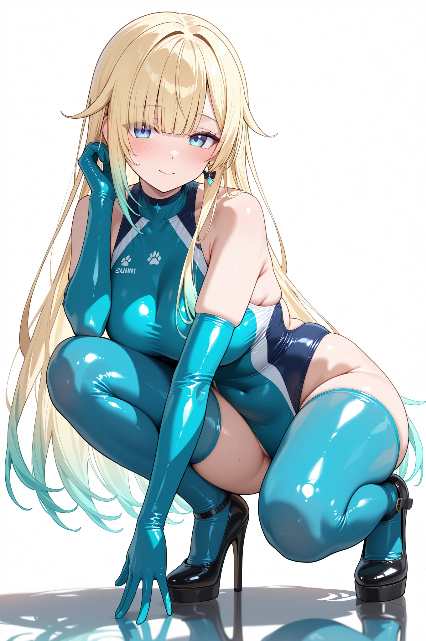highest quality、master piece、very detailed、(1 girl):1.4、(Futuristic competitive swimsuit)、(Golden hair):1.3、twin tails、ショートtwin tails、(dark blue eyes):1.1,(Futuristic, Tight Fit Bodysuit)、indoor pool background