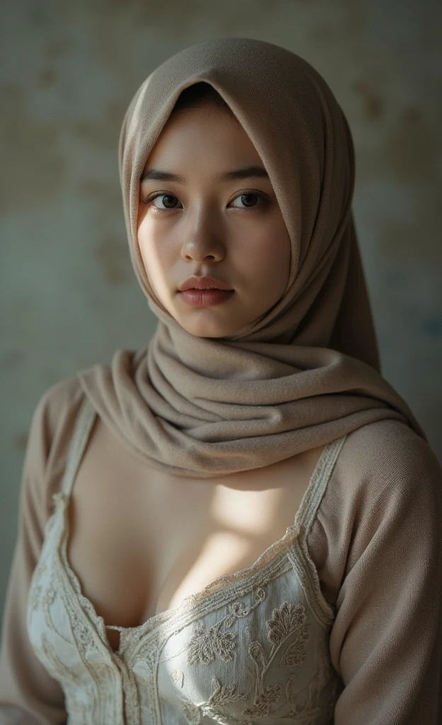 Hijab, That's Gone, Jumbo (topless), Chubby adorable, 1 girl, (face to face), 10 years old, baby face, happy, half body portrait, (face details: 1), (eye details: 1), view from side seductive pose