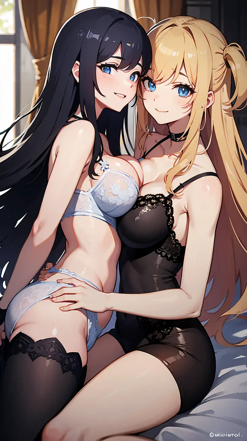 Two Women,Alpha ,Long blonde,gamma,Long Black Hair,((Touching the chest)), (((underwear))),Big Breasts, kiss, (adult), (Elf)
 ((My crotch is wet)),Love Hotel,My crotch is wet,Are standing,(masterpiece:1.2), High resolution, Highest quality, 8k,