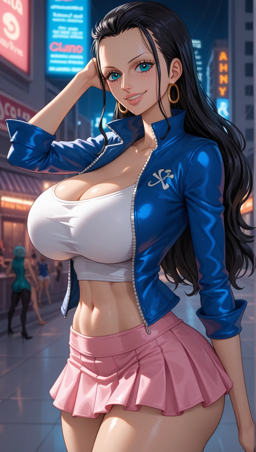 (huge breasts:1.2), (high-resolution), (sharp focus), (natural lighting), (fine detail enhancement), (noise reduction), (HDR effect), (contrast adjustment), (vibrant colors), (premium enhancement),(intricate details), ((Best quality, 8k, Masterpiece)), (shiny skin:0.5), (masterpiece, best quality, highres, high resolution:1.2), (full body:1.0), ((navel piercing:1.0)), (breasts bursting out:1.5), realistic, 1 women, best quality, 12k, HD, long hair, big round breasts, cleavage, ponytail, necklace, jewelry, shorts, short jacket, slim hips, hair tie, yellow eyes, black hair, super detailed, Eye details, hair details, person details, mouth details, face details, breast details, clothes details, hair details, pants details, hand details, whole body
