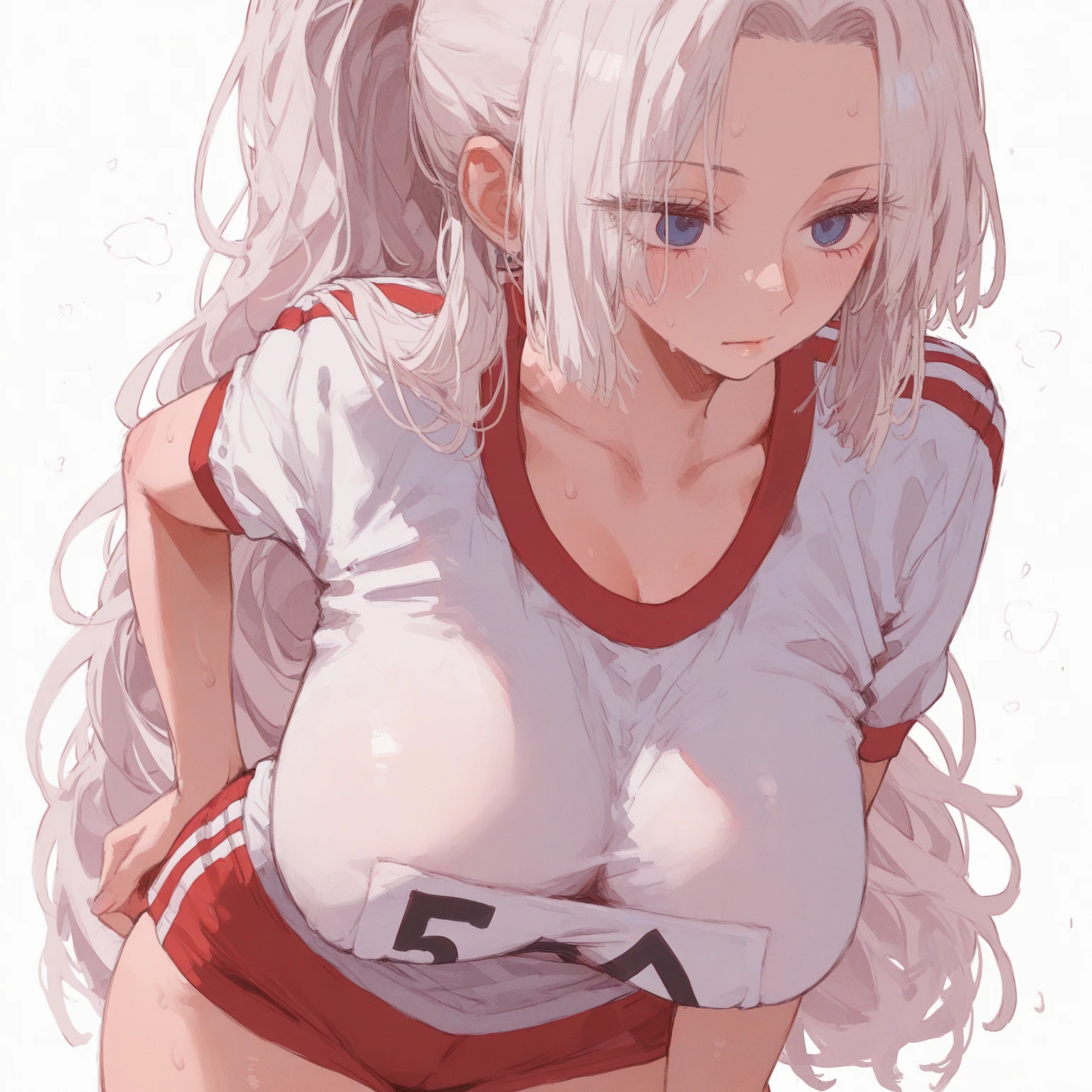 1girl, red thong buruma, white shirt, short sleeves, white thighhighs, crop top, underboob, collarbone, navel, (sweat:1.3), medium breasts, 
white hair, blue eyes, half updo, (messy hair:1.5), arms behind back, 
outdoors, green sports park, 
<lora:thong_buruma_ver1_fix_lbw:1>