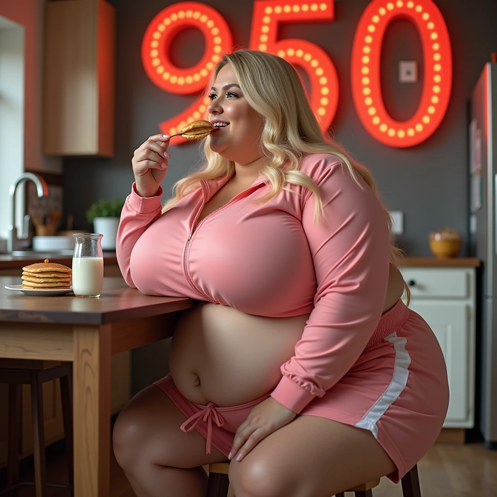 A happy/excited detailed photo of a cute ginger SSBBW, with long wavy ginger hair, with big soft fat belly, small saggy breasts in a cute orange dress, sitting at a table in a beautiful authentic italian restaurant at night, there is a huge family-sized pizza ahead of her, she is sitting on a chair behind a table and pizza