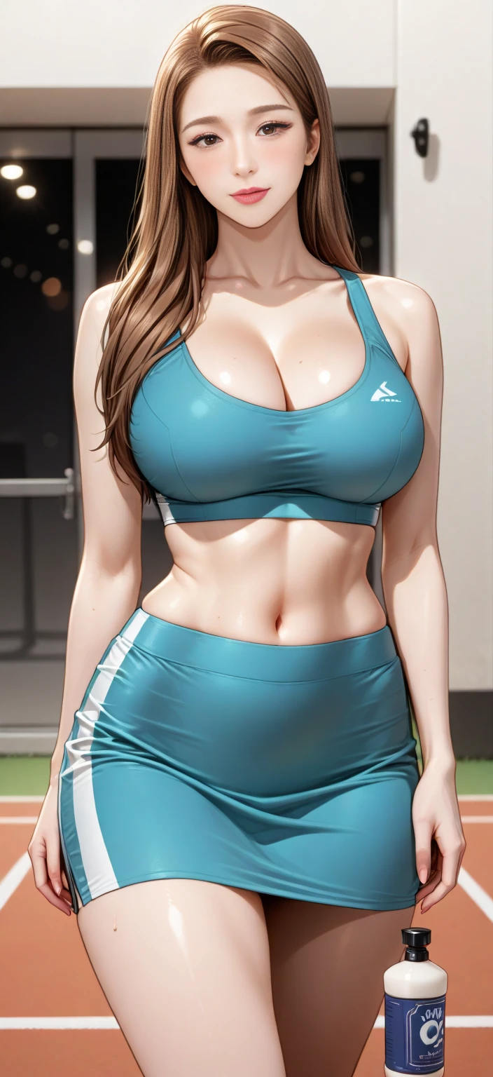 1girl, curvy body shape, voluptuous, fitting breasts, smirk, wearing a navy blue and yellow sports bra, Sport shorts, in a park, waiting, lustful, evening, sunset,, (best quality, ultra detailed, photorealistic: 1.39 ), bright and vibrant colors, studio lighting, romantic expression, seductive, sensual girl pose, blonder hair 