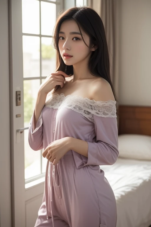 (masterpiece, best quality, cinematic, photorealistic, ultra-detailed), 1girl, (sleeping girl), (wearing a soft and oversized cozy pajama set in a pastel color), perfect hands, perfect face, subtle pink lips, (wide shot, full body view:1.5), (light brunette, loose waves hairstyle), wide hips, thick thigh, (bursting breasts, large cleavage), (lying down in the bed), (soft brown eyes, detailed pupil), blushing, bedroom background