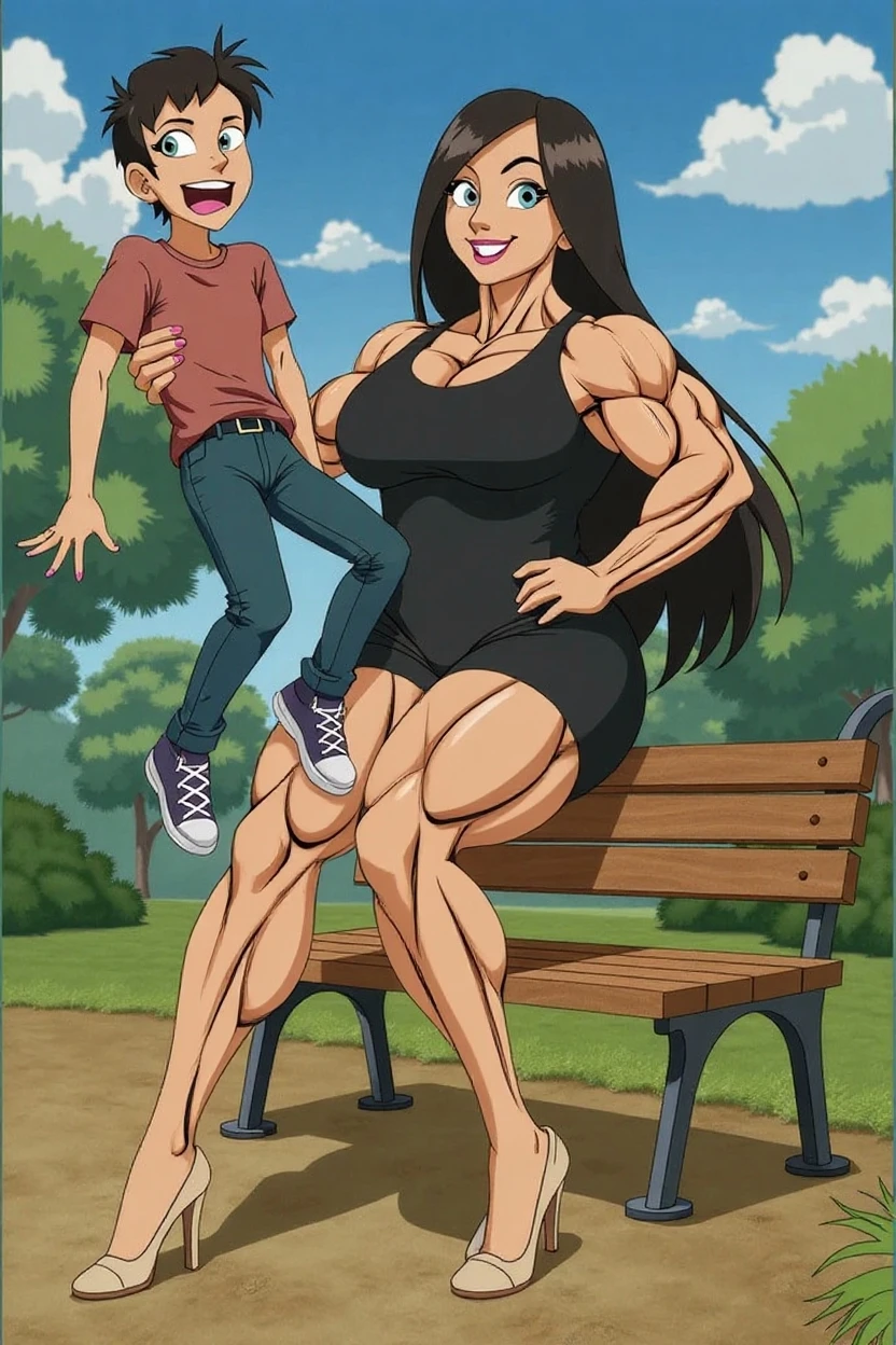 Woman in black bikini and small man in white shirt, weak and small man, thin and small physique, Very beauthful. , ,weak and defenseless man, small physique, , muscular ultraviolent woman, muscular and scary, absurdly huge physique, big muscles, extremely muscular woman,