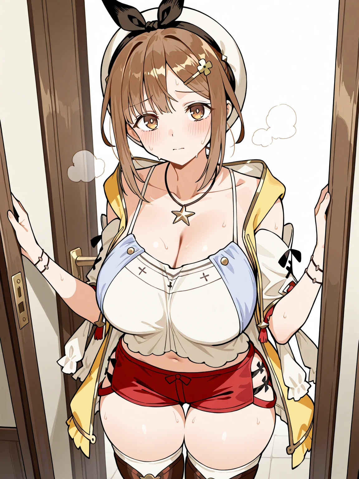(Highest quality, 8K, masterpiece :1.3),Lizaリン・シュタウト(Lizaのアトリエ),Liza, One woman,Large Breasts,short hair,Brown Hair,hair band,Clothing,hat,White shirt,White camisole,Red shorts,Brown long boots,Blowjob,nsfw,Plump body,Thighs
