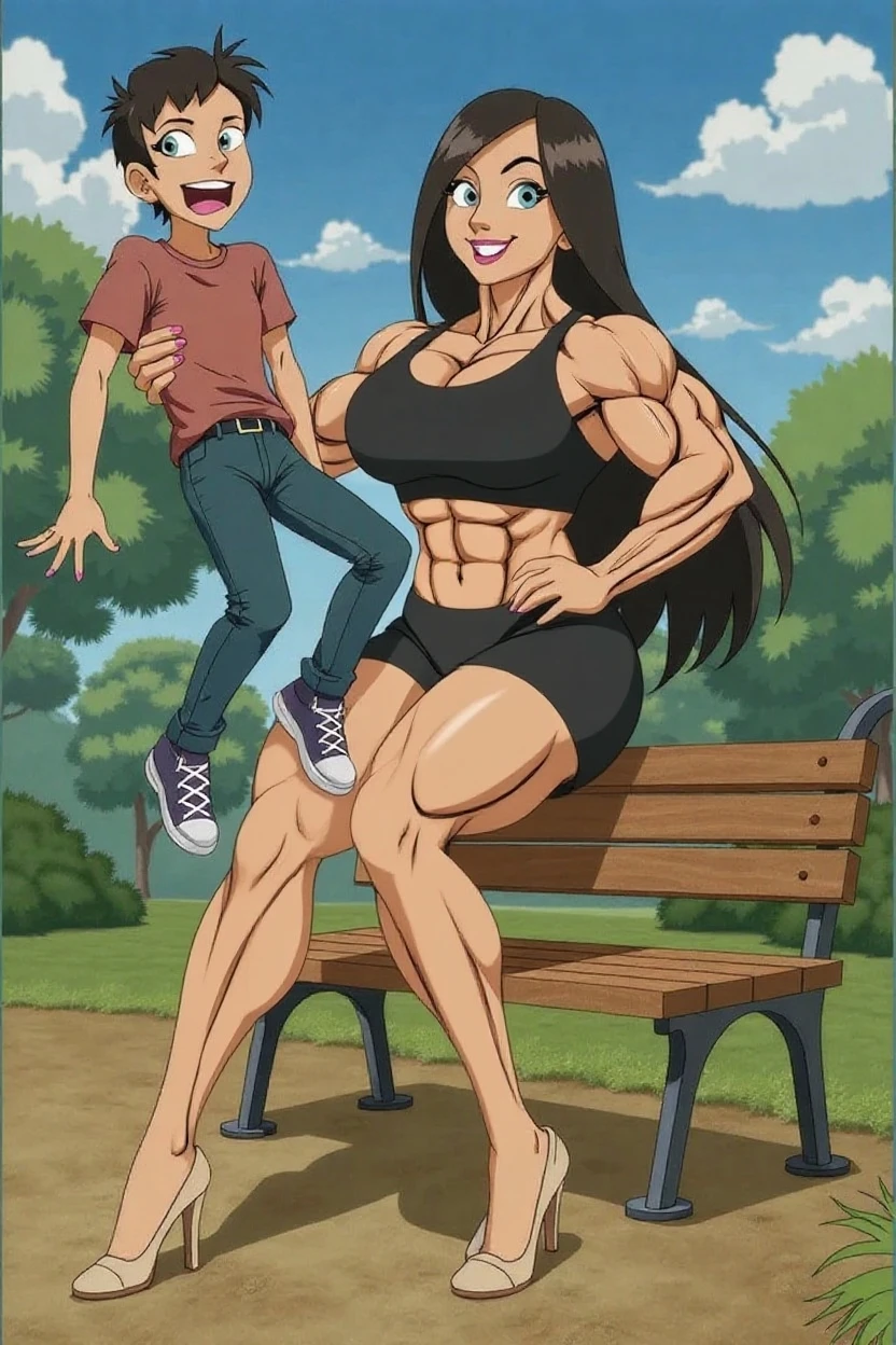 Woman in black bikini and small man in white shirt, weak and small man, thin and small physique, Very beauthful. , ,weak and defenseless man, small physique, , muscular ultraviolent woman, muscular and scary, absurdly huge physique, big muscles, extremely muscular woman, lifting on the pe, raising the leg , leg up, ((leg raised in kick)),
