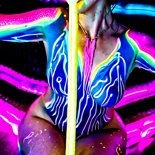 Vibrant. Clear. Thorough. Glow in the dark stars in the background. <lora:bl4ckl1ghtxl:.3> bl4ckl1ghtxl. colored pubic hair. longer hairstyle. Completely nude. Sexy Posing in a black, blackened room. Glowing eyeliner. Blacklight. Black light. <lora:busty_petite_SDXL:.5> bstyptit, busty petite, body Painted in (sharp, crisp, bright, geometric shapes:2) in Colors (neon red:.3), (electric blue:.9), (bioluminescent green:.1), (fluorescent yellow:.3), (neon orange:.6), (hot pink:.2), luminescent, neon, fluorescent body paint on a beautiful, curvy exotic elegantly sexy woman dancing. 465nm light. Black light. Woods lamp. UV-A.