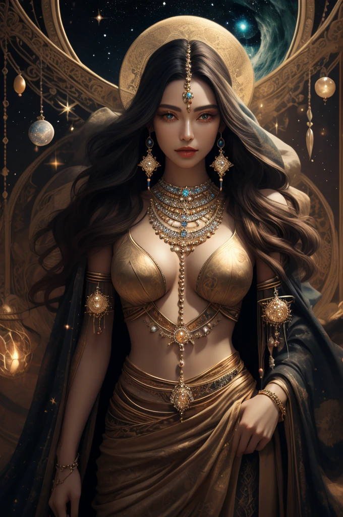 _intircate filigree woman suspended in space, crystal outline of Divine Bloodlines, fantasy badge, epic noble, 5D, dimension galactic background, photorealistic sprinkled with dropplets of crystal black, snakeskin god insanely detailed and intricate, hypermaximalist, elegant, ornate, hyper realistic, super detailed, 8K , (the most beautiful portrait in the world:1.5)