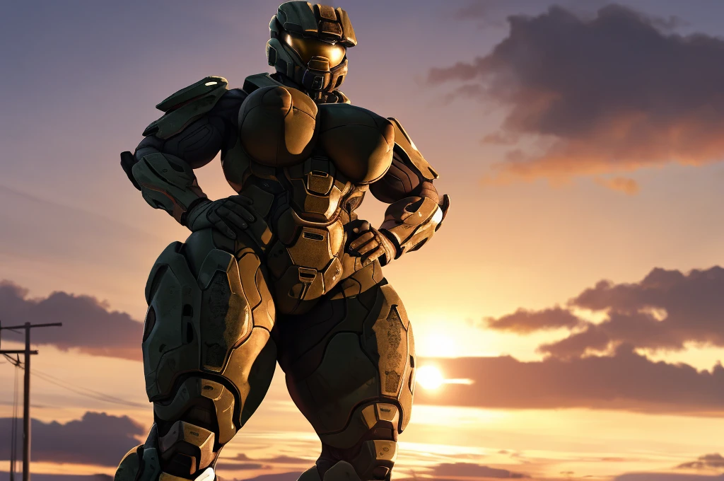 spartan halo, big breasts, wide hips, high res, high resolution, thick thighs, realistic, raw photo, thick thighs, body suit, standing pose, nipple outline, sunset, beautiful lighting, low angle