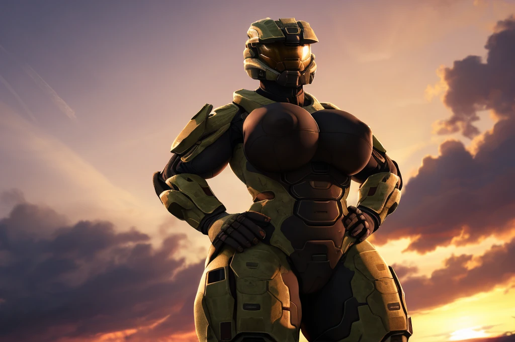 3 spartans halo, big plump breasts, wide hips, high res, high resolution, thick thighs, realistic, raw photo, thick thighs, body suit, standing pose,, side profile, nipple outline, sunset, beautiful lighting, low angle, olive green armor.