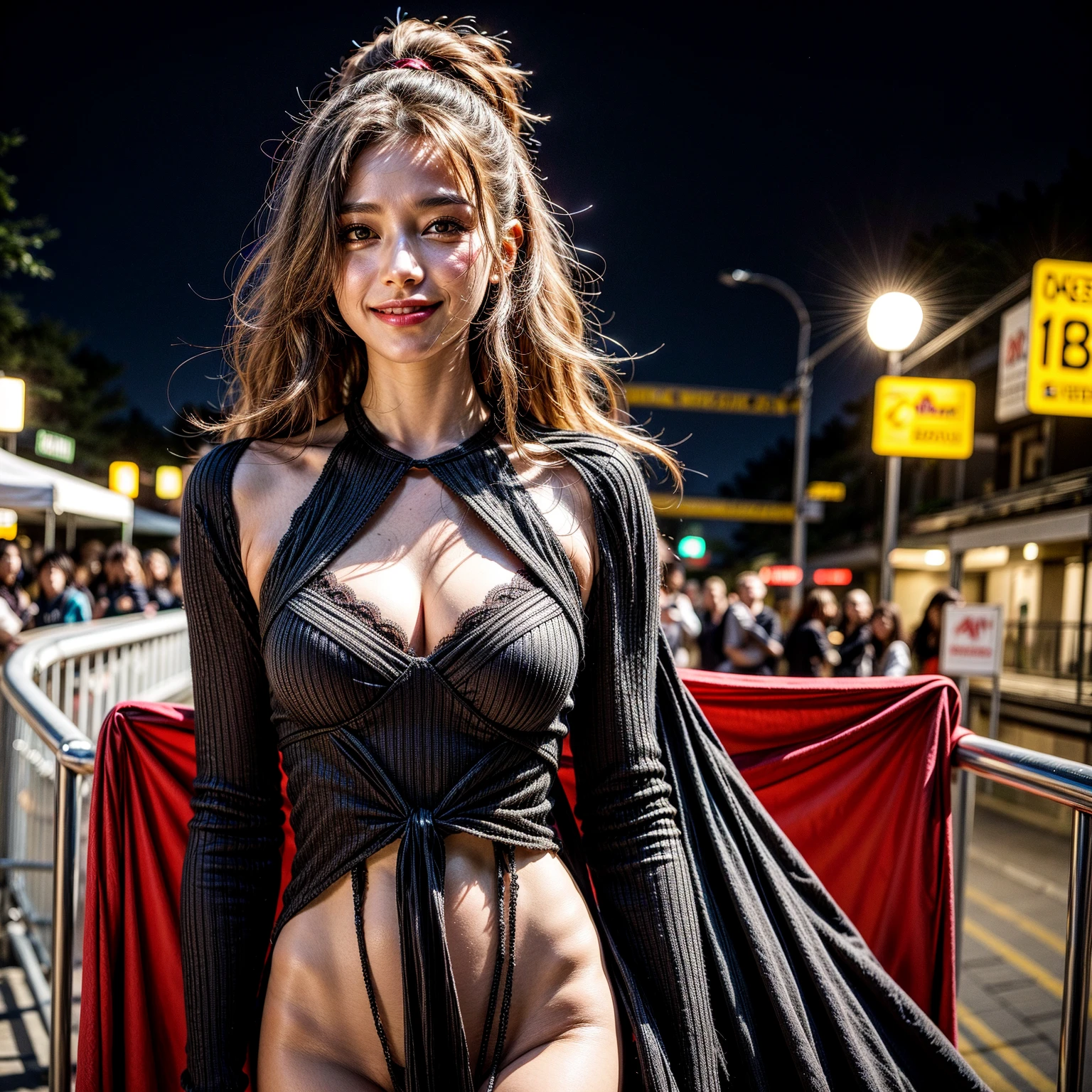 mid-thigh view, naked woman in a carnival mask, night carnival on the street of an ancient European city, mass of people, enchanting, mystical, surreal, stylish photo, masterpiece